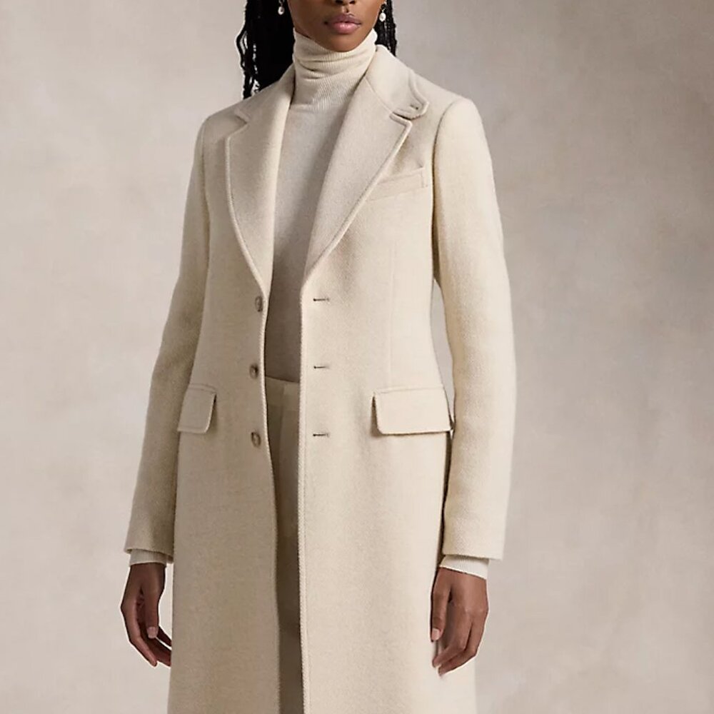 Polo herringbone and suede elbow patch fitted 3-button coat. Blazer-style.